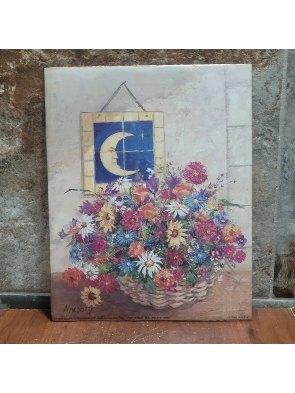 Vintage Unframed Floral Still Life Crescent Moon Art Print 1994 Nardozzi